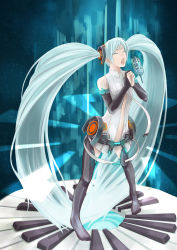 Rule 34 | 1girl, absurdres, ajks, aqua hair, bad id, bad pixiv id, belt, bridal gauntlets, elbow gloves, closed eyes, female focus, fingerless gloves, full body, gloves, hatsune miku, hatsune miku (append), highres, long hair, microphone, music, navel, necktie, open mouth, singing, solo, thighhighs, twintails, very long hair, vocaloid, vocaloid append, zettai ryouiki