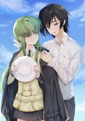 Rule 34 | 1boy, 1girl, absurdres, backlighting, black hair, black jacket, blazer, blue sky, blush, budgiepon, c.c., casual, closed mouth, code geass, collared shirt, commentary, couple, cowboy shot, day, dress shirt, eye contact, frown, green hair, green necktie, hair between eyes, hair ribbon, hetero, highres, holding, holding plate, jacket, lelouch vi britannia, long hair, long sleeves, looking at another, necktie, nose, open clothes, open jacket, open mouth, outdoors, plate, purple eyes, ribbon, school uniform, shirt, short hair, sidelocks, sky, smile, standing, very long hair, white ribbon, white shirt, yellow eyes, yellow jacket