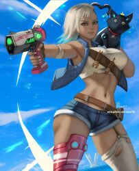 Rule 34 | 1girl, 808 (hi-fi rush), asymmetrical hair, blonde hair, breasts, cat, commentary, cropped jacket, dark-skinned female, dark skin, denim, denim jacket, denim shorts, english commentary, gloves, gradient hair, green eyes, gun, hi-fi rush, highres, holding, holding gun, holding weapon, jacket, looking at viewer, medium breasts, multicolored hair, navel, patreon username, peppermint (hi-fi rush), prosthesis, prosthetic leg, shorts, sidecut, single thighhigh, thighhighs, undercut, weapon, wei (promise 0820), white hair