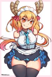 Rule 34 | 1girl, absurdres, alternate costume, apron, blonde hair, blue skirt, blush, breasts, clothes lift, dragon girl, dragon horns, fang, gloves, highres, horns, kobayashi-san chi no maidragon, large breasts, looking at viewer, loose, maid, maid headdress, nauskills, orange eyes, panties, shirt, simple background, skirt, skirt lift, sleeveless, sleeveless shirt, smile, solo, standing, thick thighs, thighhighs, thighs, tohru (maidragon), underwear, white gloves