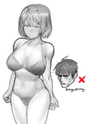 Rule 34 | 1boy, 1girl, absurdres, breasts, character request, copyright request, english text, greyscale, highres, kowai (iamkowai), large breasts, monochrome, short hair, sketch, sweatdrop, swimsuit