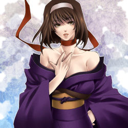 Rule 34 | 00s, 1girl, bare shoulders, beniharu (kisou), breasts, brown eyes, brown hair, choker, cleavage, cloud, collarbone, facing viewer, hairband, hand on own hip, hand on own chest, japanese clothes, kanzaki sumire, kimono, large breasts, lips, looking at viewer, mole, mole under eye, obi, off shoulder, red ribbon, ribbon, ribbon choker, sakura taisen, sash, solo