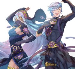 Rule 34 | 1boy, 1girl, azura (fire emblem), blue hair, dancing, dress, elbow gloves, fire emblem, fire emblem fates, fire emblem heroes, gloves, jewelry, krazehkai, long hair, looking at viewer, mother and son, mouth veil, music, necklace, nintendo, shigure (fire emblem), short hair, simple background, singing, smile, unfinished, veil, white background, yellow eyes