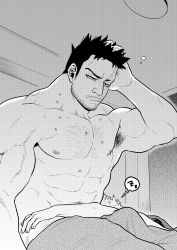 Rule 34 | 2boys, abs, armpit hair, armpits, bara, bare pectorals, bed sheet, boku no hero academia, chest hair, couple, endeavor (boku no hero academia), facial hair, greyscale, hand on own head, hawks (boku no hero academia), hickey, highres, male focus, mature male, monochrome, multiple boys, muscular, muscular male, naked sheet, nipples, p (pppppppppq), pectorals, scar, scar across eye, scar on face, short hair, sideburns, spiked hair, stomach, stubble, sweat, veins, waking up, yaoi