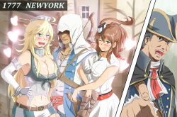Rule 34 | 10s, 2boys, 2girls, ;p, arm hug, assassin&#039;s creed (series), assassin&#039;s creed iii, blonde hair, blue eyes, blush, bow (weapon), breasts, brown hair, cleavage, commentary request, connor kenway, crossover, elbow gloves, girl sandwich, gloves, haytham kenway, heart, highres, hood, iowa (kancolle), kantai collection, large breasts, multiple boys, multiple girls, one eye closed, open mouth, pitcairn meusel, sandwiched, saratoga (kancolle), shaded face, split screen, sweat, nervous sweating, teeth, tongue, tongue out, weapon