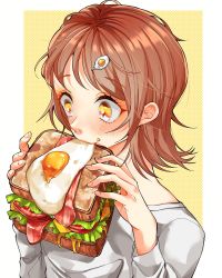 Rule 34 | 1girl, blush, brown hair, cheese, eating, egg, egg (food), food, hair ornament, hairclip, hands up, highres, lettuce, long sleeves, moru0308, original, sandwich, shadow, shirt, short hair, solo, sunny side up egg, white shirt, yellow background, yellow eyes