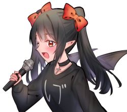 Rule 34 | 1girl, bat wings, black hair, black sweater, blush, choker, cross, cross necklace, hair ribbon, jewelry, karses, long sleeves, microphone, necklace, red eyes, rev says desu, ribbon, simple background, smile, sweater, twintails, virtual youtuber, white background, wings