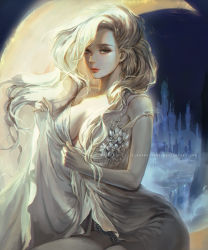 Rule 34 | 1girl, bare shoulders, blonde hair, breasts, claparo, cleavage, closed mouth, clothes lift, collarbone, crescent moon, dress, eyelashes, flower ornament, highres, holding, holding clothes, holding skirt, large breasts, legs together, lips, long hair, looking at viewer, moon, nose, original, panties, pantyshot, pink lips, signature, sitting, skirt, skirt lift, sleeveless, sleeveless dress, solo, strap slip, underwear, upper body, watermark, web address, white dress, yellow eyes