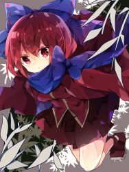 Rule 34 | 1girl, blue bow, blue scarf, boots, bow, cape, commentary, full body, hair bow, highres, leaf, long sleeves, looking at viewer, medium hair, miniskirt, nikorashi-ka, one-hour drawing challenge, pleated skirt, red cape, red eyes, red footwear, red hair, red shirt, red skirt, scarf, sekibanki, shirt, skirt, solo, touhou