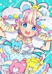 Rule 34 | 1girl, :d, amauri miruki, amauri miruki (primagista), animal ears, animal hands, bear ears, bear hair ornament, blonde hair, blue background, blue eyes, blue ribbon, blush, colored eyelashes, commentary request, curly hair, dress, earrings, fake animal ears, frilled dress, frills, fur-trimmed dress, fur trim, gloves, hair ornament, hands up, hao (00hao00), idol clothes, jewelry, layered dress, looking at viewer, multicolored hair, neck ribbon, open mouth, paw gloves, paw pose, pink hair, pink ribbon, plaid, plaid dress, pretty series, ribbon, short hair, smile, solo, standing, star (symbol), streaked hair, stuffed animal, stuffed toy, teddy bear, two-tone hair, waccha primagi!, white gloves, yellow ribbon