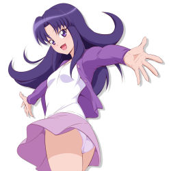 Rule 34 | 1girl, ass, fuchi (nightmare), happinesscharge precure!, highres, hikawa iona, jacket, long sleeves, looking at viewer, open clothes, open jacket, open mouth, panties, pantyshot, precure, purple jacket, purple skirt, shirt, simple background, skirt, smile, solo, underwear, white background, white panties, white shirt, wind, wind lift
