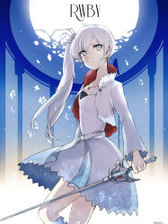Rule 34 | 1girl, copyright name, expressionless, grey eyes, holding, holding sword, holding weapon, mate@juken, ponytail, rwby, solo, sword, weapon, weiss schnee