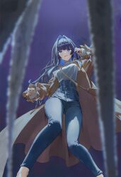 Rule 34 | 1girl, bag, blue eyes, blue hair, blunt bangs, breasts, brown bag, brown coat, bug, coat, denim, detached sleeves, hair intakes, handbag, high-waist pants, highres, hololive, hololive english, jeans, large breasts, long hair, long sleeves, m.q (mqkyrie), official alternate costume, open clothes, open coat, open mouth, ouro kronii, ouro kronii (casual), pants, scared, shirt, solo, spider, standing, tearing up, virtual youtuber, wavy mouth, white shirt