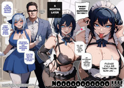 Rule 34 | 1boy, 1girl, alternate costume, bar censor, black bra, blue dress, blue eyes, blue vest, bow, bowtie, bra, breasts, censored, commentary, corruption, dark persona, detached collar, dress, elon musk, english commentary, english text, enmaided, gloves, highres, kinohara kossuta, large breasts, looking at viewer, maid, maid headdress, microskirt, mole, mole on breast, mole under eye, navel, netorare, original, pantyhose, personification, short hair, skirt, tongue, tongue out, twitter, underwear, vest, white gloves, white pantyhose