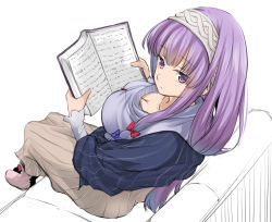 Rule 34 | 1girl, book, boots, breasts, cleavage, contemporary, from above, hairband, large breasts, long hair, long skirt, looking at viewer, patchouli knowledge, purple eyes, purple hair, sitting, skirt, solo, tori (minamopa), touhou