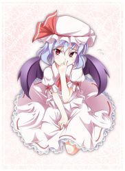 Rule 34 | 1girl, blush, covering own mouth, dress, female focus, fingernails, from above, hand over mouth, hand over own mouth, hat, light purple hair, long fingernails, nail, remilia scarlet, ribbon, solo, touhou, tri, wings