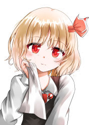 Rule 34 | 1girl, absurdres, black vest, blonde hair, blouse, blush, closed mouth, collared shirt, hair ribbon, highres, kabi killer, long sleeves, looking at viewer, red eyes, red ribbon, ribbon, rumia, shirt, short hair, simple background, solo, touhou, upper body, vest, white background, white shirt