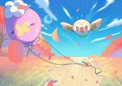 Rule 34 | bird, bright pupils, brown eyes, closed eyes, cloud, commentary, creatures (company), day, drifloon, emphasis lines, game freak, gen 4 pokemon, gen 7 pokemon, mokukitusui, nintendo, no humans, outdoors, owl, pokemon, pokemon (creature), rowlet, sky, squeans, symbol-only commentary, white pupils
