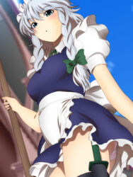 Rule 34 | 1girl, apron, back bow, black thighhighs, blue eyes, blue sky, blurry, blurry background, blush, bow, braid, braided sidelock, broom, clear sky, collared dress, commentary request, cowboy shot, day, depth of field, dress, frilled apron, frilled dress, frills, from side, garter straps, green bow, green ribbon, grey hair, hair bow, half-closed eyes, holding, holding broom, izayoi sakuya, large bow, long hair, looking at viewer, maid, maid headdress, microdress, neck ribbon, outdoors, panties, pantyshot, parted lips, partial commentary, puffy short sleeves, puffy sleeves, ribbon, shirt, short sleeves, sky, solo, standing, thighhighs, touhou, twin braids, underwear, waist apron, white apron, white bow, white panties, white shirt, yadokari genpachirou