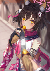 Rule 34 | 1girl, animal ear fluff, animal ears, autumn, black gloves, blue archive, brown hair, e buki, eating, eyeshadow, floral print, food, fox ears, fox girl, gloves, hair ornament, halo, highres, holding, holding food, izuna (blue archive), japanese clothes, looking at viewer, makeup, neckerchief, partially fingerless gloves, pink neckerchief, pom pom (clothes), pom pom hair ornament, red eyeshadow, roasted sweet potato, solo focus, steam, sweet potato, yellow eyes