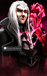 Rule 34 | 1boy, absurdres, black background, black jacket, boole (sangha0301), closed mouth, colored skin, hand up, highres, jacket, league of legends, long hair, looking at viewer, magic, male focus, red background, red eyes, red skin, serious, solo, swain (league of legends), translation request, white hair