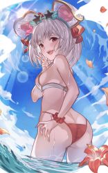 Rule 34 | 1girl, absurdres, animal ears, arutoria (187497382), ass, bikini, blue sky, blush, bob cut, breasts, cloud, day, eyewear on head, fake animal ears, flower, from behind, granblue fantasy, hand on own hip, highres, huge ass, looking at viewer, looking back, medium breasts, mouse ears, ocean, open mouth, outdoors, partially submerged, red bikini, red eyes, scrunchie, short hair, sideboob, sky, smile, solo, standing, star-shaped eyewear, star (symbol), striped bikini, striped clothes, sunglasses, swimsuit, v, vikala (blooming summer wallflower) (granblue fantasy), vikala (granblue fantasy), wading, water, wet, white hair, wrist scrunchie