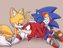 Rule 34 | 3boys, ahoge, anal, blush, fellatio, furry, furry male, group sex, karlo (artist), knuckles the echidna, leg hold, male focus, male penetrated, mmm threesome, multiple boys, multiple tails, oral, sex, sonic (series), sonic the hedgehog, spitroast, sweat, tail, tails (sonic), threesome, yaoi