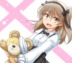 Rule 34 | 10s, 1girl, :d, black skirt, blush, boko (girls und panzer), bow, bowtie, brown hair, commentary request, girls und panzer, hair ribbon, highres, juliet sleeves, kitayama miuki, long hair, long sleeves, looking at viewer, one side up, open mouth, puffy sleeves, ribbon, shimada arisu, skirt, smile, solo, stuffed animal, stuffed toy, suspender skirt, suspenders, teddy bear, upper body, yellow eyes