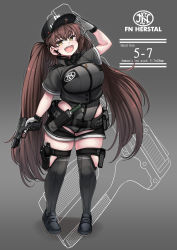 Rule 34 | 1girl, baseball cap, black footwear, black shorts, breasts, brown hair, fn five-seven, full body, gloves, grey hat, grey leotard, grey shirt, grey thighhighs, gun, handgun, hat, highres, holding, holding gun, holding weapon, konoshige (ryuun), large breasts, leotard, long hair, looking at viewer, open mouth, original, pdw-caliber pistol, personification, pistol, shirt, short shorts, short sleeves, shorts, shortstack, skindentation, smile, solo, standing, thighhighs, thighs, twintails, very long hair, weapon, white gloves, yellow eyes