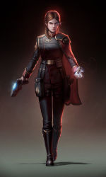 Rule 34 | 1girl, black footwear, black jacket, black pants, boots, braid, braided ponytail, brown eyes, brown hair, cape, closed mouth, glowing, glowing eye, gun, highres, holding, holding gun, holding weapon, imperium of man, inquisition (warhammer), jacket, lips, long hair, long sleeves, military, military uniform, pants, plasma pistol, psyker, red cape, shadow, solo, standing, twotimesthedime, uniform, warhammer 40k, weapon
