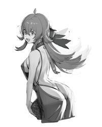 Rule 34 | 1girl, ahoge, artist name, ass, back, backless dress, backless outfit, bag, bare back, bare shoulders, breasts, butt crack, copyright request, cropped legs, crossed bangs, dress, from behind, greyscale, highres, holding, komiya kaho, long hair, looking to the side, medium breasts, meme attire, monochrome, o-ring, olys, open mouth, revealing clothes, sideboob, sidelocks, simple background, smile, solo, standing, thong, virgin killer sweater, white background