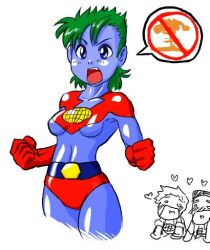 Rule 34 | 1girl, 2boys, blue eyes, blue skin, captain planet, captain planet (character), colored skin, gender request, genderswap, green hair, kwame, lowres, multiple boys, open mouth, solo focus, speech bubble, tomboy, wheeler