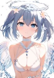 Rule 34 | 1girl, bad id, bad pixiv id, bare shoulders, bikini, blue eyes, breasts, byakuya reki, cleavage, closed mouth, collarbone, commentary, earrings, english commentary, feathered wings, fins, flower, grey hair, hair between eyes, hair flower, hair ornament, halo, head fins, highres, jewelry, liquid halo, medium breasts, original, revision, simple background, smile, solo, swimsuit, twintails, upper body, water, white background, white bikini, white flower, white wings, wings