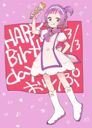 Rule 34 | 1girl, arm behind back, arm up, boots, commentary request, dress, full body, happy birthday, knee boots, looking at viewer, mitobinyo, ojamajo doremi, one side up, paintbrush, puffy short sleeves, puffy sleeves, purple eyes, purple hair, purple scarf, scarf, segawa onpu, short hair, short sleeves, smile, solo, standing, tongue, tongue out, white dress, white footwear