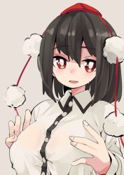 Rule 34 | 1girl, :d, aoi kujira, black hair, breasts, bright pupils, hair between eyes, hat, hat ribbon, large breasts, looking at viewer, open mouth, pom pom (clothes), red eyes, ribbon, shameimaru aya, shirt, smile, solo, tokin hat, touhou, upper body, white pupils