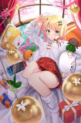 Rule 34 | 1girl, :o, amakumo517, blonde hair, blush, box, character doll, dress shirt, gift, gift box, gradient hair, green eyes, hair ornament, hairclip, highres, hololive, long hair, long sleeves, looking at viewer, loose socks, lying, miniskirt, momosuzu nene, momosuzu nene (casual), momosuzu nene (seal), multicolored hair, nekko (momosuzu nene), official alternate hairstyle, on back, on bed, parted lips, pink hair, plaid, plaid skirt, pleated skirt, pom pom (clothes), pom pom hair ornament, red skirt, shirt, side ponytail, skirt, sleeve cuffs, socks, solo, thighs, virtual youtuber, white shirt