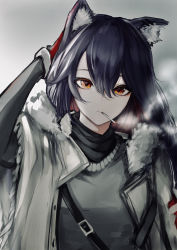 Rule 34 | 1girl, absurdres, animal ear fluff, animal ears, arknights, arm behind head, black hair, cigarette, coat, commentary, fur-trimmed jacket, fur trim, gloves, grey shirt, hair between eyes, hamaguri-san (hamagur69200744), highres, jacket, looking at viewer, mouth hold, multicolored hair, official alternate costume, open clothes, open coat, orange eyes, red gloves, shirt, smoke, smoking, solo, streaked hair, texas (arknights), texas (winter messenger) (arknights), upper body, white coat, winter clothes, winter coat, wolf ears
