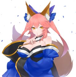 Rule 34 | 1girl, animal ears, bare shoulders, blue bow, blue kimono, bow, breasts, cleavage, closed mouth, commentary request, detached collar, detached sleeves, fate/grand order, fate (series), fhang, finger to mouth, fox ears, fox girl, fox tail, hair bow, highres, index finger raised, japanese clothes, kimono, large breasts, long hair, long sleeves, looking at viewer, petals, pink hair, shushing, sidelocks, smile, solo, tail, tamamo (fate), tamamo no mae (fate/extra), twintails, upper body, wide sleeves, yellow eyes