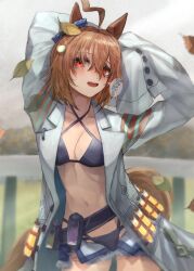 Rule 34 | 1girl, absurdres, agnes tachyon (lunatic lab) (umamusume), agnes tachyon (umamusume), ahoge, arm behind head, arms up, autumn, autumn leaves, bags under eyes, bikini, bikini under clothes, blurry, blurry foreground, breasts, brown hair, coat, cold, collarbone, commentary request, cowboy shot, day, denim, denim shorts, empty eyes, eyelashes, hair between eyes, highres, lab coat, leaf, leaf on head, leaning to the side, long sleeves, medium breasts, navel, open clothes, open coat, open fly, open mouth, open shorts, outdoors, red eyes, short shorts, shorts, sleeves past fingers, sleeves past wrists, smile, snot, solo, stomach, sweat, swimsuit, tonariuta, torn clothes, torn shorts, umamusume, white coat