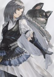 Rule 34 | 1girl, belt, belt buckle, black gloves, black vest, blue belt, blue eyes, blue ribbon, braid, breasts, bright pupils, buckle, closed mouth, dog, dress, final fantasy, final fantasy xvi, gloves, gradient background, grey hair, grey wolf, highres, jill warrick, kounetsu, long hair, low-tied long hair, neck ribbon, pink lips, puffy sleeves, puppy, ribbon, small breasts, solo, standing, torgal (ff16), very long hair, vest, white dress, white pupils, wolf