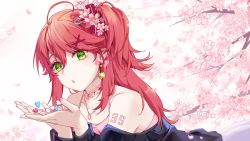 Rule 34 | 1girl, :o, ahoge, ai kotoba iii (vocaloid), alternate costume, bare shoulders, bell, bell earrings, branch, cherry blossoms, collarbone, earrings, flower, green eyes, hair flower, hair ornament, hairclip, highres, hololive, jewelry, long hair, looking at viewer, necklace, number tattoo, o21uod3umj2avhn, petals, pink hair, sakura miko, sakura miko (1st costume), solo, tattoo, virtual youtuber, vocaloid, x hair ornament