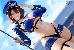 Rule 34 | 1girl, absurdres, adjusting clothes, adjusting headwear, azur lane, baltimore (azur lane), baltimore (finish line flagbearer) (azur lane), bikini, black bikini, black choker, blue bikini, blue hat, blue jacket, blue shorts, blue sky, blue sleeves, braid, breasts, brown hair, chest harness, choker, cleavage, closed mouth, cloud, commentary, confetti, cowboy shot, cropped jacket, day, detached sleeves, dutch angle, english commentary, french braid, hair between eyes, harness, hat, highleg, highleg bikini, highres, holding, holding pole, impl chan, jacket, large breasts, looking at viewer, micro shorts, mismatched bikini, navel, official alternate costume, peaked cap, pole, race queen, short hair, shorts, sidelocks, signature, single bare shoulder, single detached sleeve, single sleeve, skindentation, sky, smile, solo, standing, stomach, swimsuit, thigh strap, underbust, yellow eyes