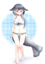Rule 34 | 10s, 1girl, absurdres, arms at sides, barefoot, bikini, black bow, blue eyes, blush, bow, breasts, cetacean tail, cleavage, fins, fish tail, flower, groin, hair bow, highres, japari symbol, kanzakietc, kemono friends, looking at viewer, low ponytail, medium breasts, narwhal (kemono friends), navel, open mouth, short hair with long locks, side ponytail, simple background, solo, standing, swimsuit, tail, thigh gap