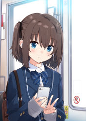 Rule 34 | 1girl, absurdres, bag, black ribbon, blazer, blue bow, blue bowtie, blue eyes, blue jacket, blush, bow, bowtie, brown hair, cellphone, closed mouth, commentary request, earphones, hair ribbon, highres, holding, holding phone, jacket, long sleeves, looking at viewer, mousou (mousou temporary), one side up, original, phone, ribbon, school uniform, short hair, shoulder bag, sleeves past wrists, smartphone, solo, striped bow, striped bowtie, striped clothes, striped neckwear, train interior, upper body, v, wing collar