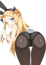 Rule 34 | 1girl, abigail williams (fate), animal ears, ass, bare shoulders, bent over, blonde hair, blush, bow, brown pantyhose, covered mouth, cufflinks, fake animal ears, fake tail, fate/grand order, fate (series), female focus, from behind, leotard, long hair, looking at viewer, looking back, multiple bows, orange bow, pantyhose, pink eyes, playboy bunny, polka dot, polka dot bow, rabbit ears, rabbit tail, simple background, solo, tail, toshishikisai, very long hair, white background