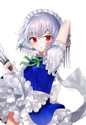 Rule 34 | 1girl, arm behind head, arm up, between fingers, blue skirt, blue vest, blush, braid, contrapposto, cowboy shot, expressionless, frilled skirt, frills, green neckwear, green ribbon, hair between eyes, highres, holding, holding knife, izayoi sakuya, knife, looking at viewer, maid headdress, petticoat, puffy short sleeves, puffy sleeves, red eyes, ribbon, sakizaki saki-p, shirt, short hair, short sleeves, silver hair, simple background, skirt, solo, touhou, twin braids, twitter username, vest, white background, white shirt