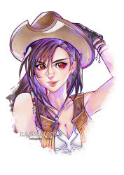 Rule 34 | 1girl, arm up, artist name, bare shoulders, black gloves, black hair, bracelet, breasts, brown hair, brown hat, brown vest, cleavage, collarbone, commentary, cowboy hat, cowgirl (western), crisis core final fantasy vii, cropped torso, earrings, english commentary, final fantasy, final fantasy vii, gloves, hair behind ear, hand on headwear, hat, highres, ilabarattolo, jewelry, lips, long hair, looking at viewer, medium breasts, parted lips, red eyes, shirt, single earring, solo, swept bangs, tifa lockhart, tifa lockhart (cowgirl), upper body, vest, watermark, white background, white shirt