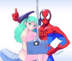 Rule 34 | 1boy, 1girl, artist name, blue bodysuit, bodysuit, breasts, camera, clothed male nude female, completely nude, covering face, demon girl, demon wings, derivative work, green eyes, green hair, hand on another&#039;s shoulder, hand on own hip, head wings, large breasts, long hair, marvel, marvel vs. capcom, marvel vs. capcom 3, morrigan aensland, nude, red bodysuit, simple background, spider-man, spider-man (series), supermondobeat, thumbs up, vampire (game), white background, wings