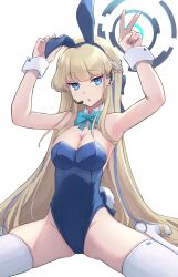 Rule 34 | 1girl, animal ears, aonikuro, arms up, bare shoulders, blonde hair, blue archive, blue bow, blue eyes, blue hairband, blue leotard, bow, bowtie, braid, breasts, cleavage, detached collar, ear piercing, earpiece, fake animal ears, groin, hairband, halo, highleg, highleg leotard, highres, leotard, long hair, medium breasts, microphone, official alternate costume, official alternate hairstyle, piercing, playboy bunny, rabbit ears, rabbit tail, sitting, spread legs, tail, thighhighs, thighs, toki (blue archive), toki (bunny) (blue archive), v, very long hair, white thighhighs, wrist cuffs
