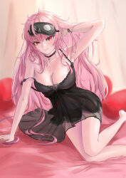 Rule 34 | 1girl, absurdres, arm behind head, arm up, black choker, black nightgown, blush, breasts, choker, cleavage, earrings, highres, hololive, hololive english, jewelry, large breasts, long hair, looking at viewer, messy hair, mori calliope, mori calliope (sleepwear), nightgown, pink hair, red eyes, see-through, skull earrings, sleep mask, smile, solo, virtual youtuber, zolomon (jarvis lin)